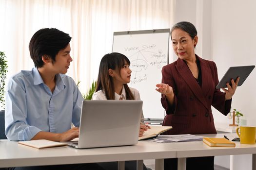 Professional senior manager explaining new marketing strategy to young employee in creative meeting.