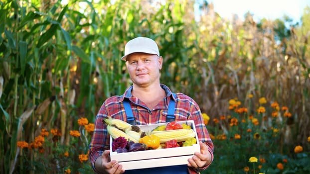 smiling male farmer in plaid shirt and hat holds a box with different fresh vegetables, harvest. background of cornfield, on a farm, vegetable garden, sunny summer day. High quality photo