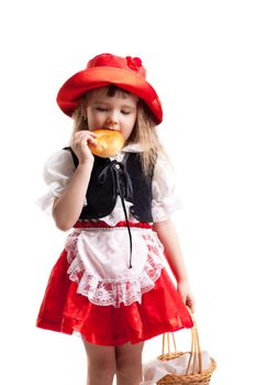 Little girl in carnival costumes. Isolated on white