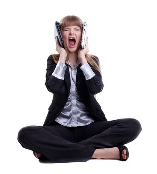 Full length portrait of crying business woman with laptops. Isolated on white
