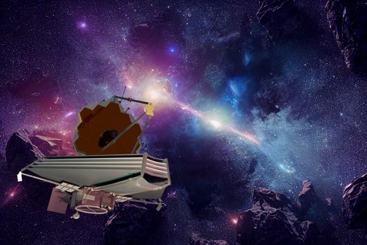 James Webb telescope in outer space on orbit of Earth. Planet surface and satellite. Elemets of thisd iamge furnished by NASA