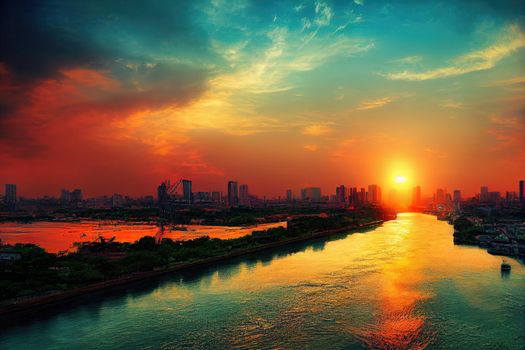 Chao Phraya river with sun raise and modern building Landscape of River in Bangkok city , style U1 1