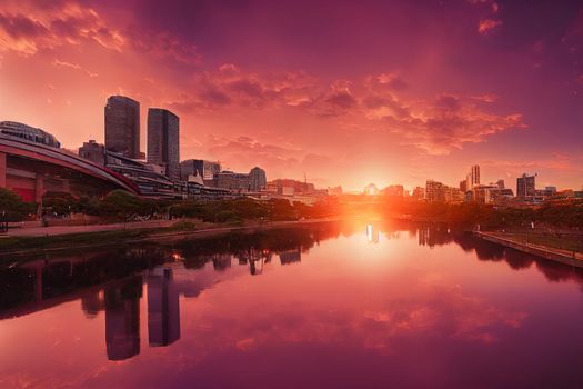 Capital of SOuth Australia Adelaide city CBD at sunrise reflecting in still waters of torrens river , style U1 1