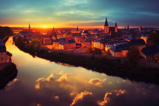 Luxembourg City Luxembourg Cityscape image of old town on Alzette River skyline during beautiful sunset , style U1 1