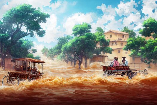 anime style, A mule donkey cart in a flash floods water in old city area The Signboard are in Urdu and English language Karachi Pakistan. 2d illustration