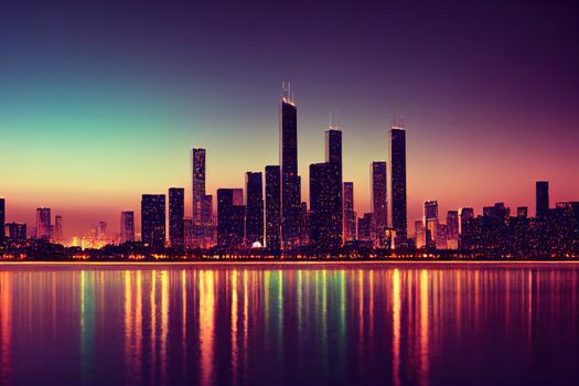City view downtown skyscrapers Chicago skyline panorama Lake Michigan, harbor area daytime Illinois USA Forex graph hologram The concept of internet trading brokerage and fundamental analy.