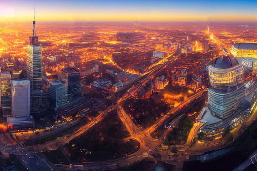 7222022 Warsaw Poland Panoramic aerial city view of the capital city of Poland, Skyscraper Centrum LIM in the foreground and the Palace of Culture and Science in the background High quality.