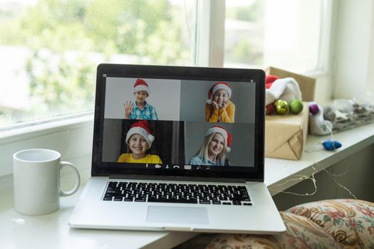 . video call with family at christmas eve - Home isolated for coronavirus - Concept of social distance