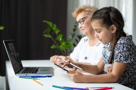 little girl with her grandmother using laptop.