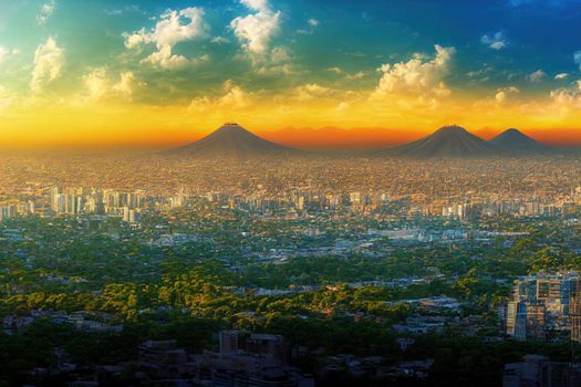 anime style, Panoramic view of Mexico City Lush green forest trees and downtown district skyline huge skyscrapers and glass towers in the city center of the Central American capital CDMX Mexico. 2d illustration