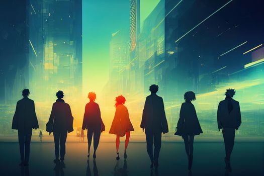 Silhouettes of walking people Multiple exposure blurred image Business concept illustration , style U1 1