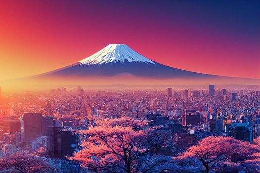 Panoramic view of Tokyo on a sunny morning in winter with clear skies Mt Fuji in the background , style U1 1