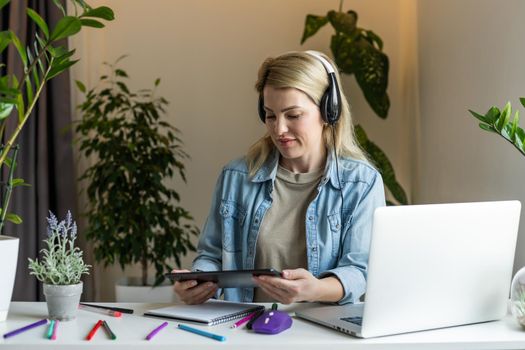 Photo of young woman confident consultant coworking agent headphone speaker.