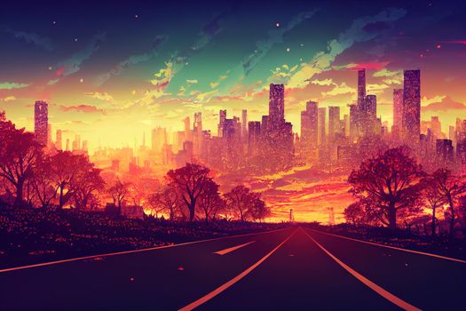 Panoramic view of empty road side with city skyline Sunset scene , style U1 1
