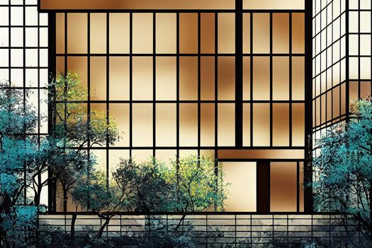 Facade of a residential building with a front with a glass surface and a garden with trees in an interior passage , style U1 1
