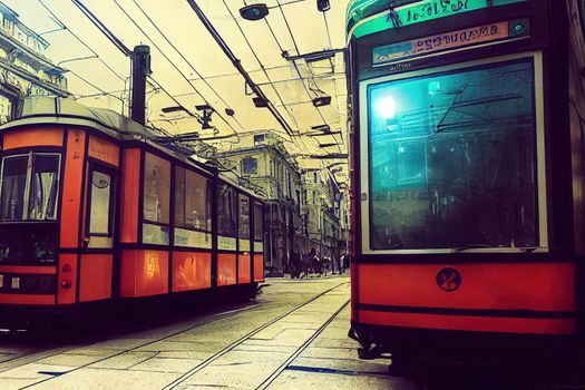 MILAN ITALY MARCH 15 2017 Tram in downtown of lombardian capital city , style U1 1