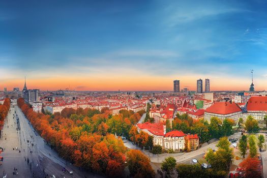 Warsaw Poland Closeup panoramic shot of Warsaw Trade Tower in the foreground and Zlota in the background Polish capital city High quality photo , style U1 1
