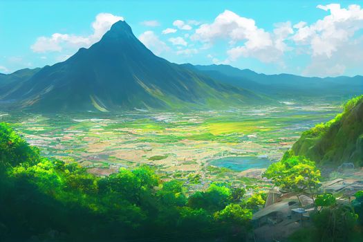 anime style, Roseau Dominica Coastline and city built on alluvial fan with steep mountains Morne Roseau is the capital and largest city of Commonwealth of Dominica Caribbean Island country , 2d illustration