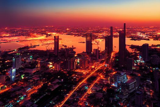 anime Bangkok Cityscape Business district with high building at dusk Bangkok Thailand. 2d illustration