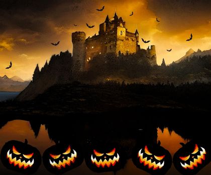 Spooky and scary Halloween images and vector pumpkins background, illustration for multimedia content or halloween card.