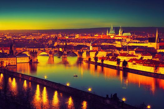 Prague cityscape at night Prague old town Charles bridge and Vltava river Czech Republic View of famouse Prague old bridges over the Vltava river at twilight Czech capital city , st U1 1