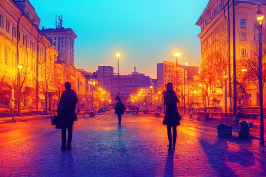 KYIV UKRAINE JUNE 01 2016 Downtown of city center near the Independence Square and Khreshchatyk Street in the evening , style U1 1