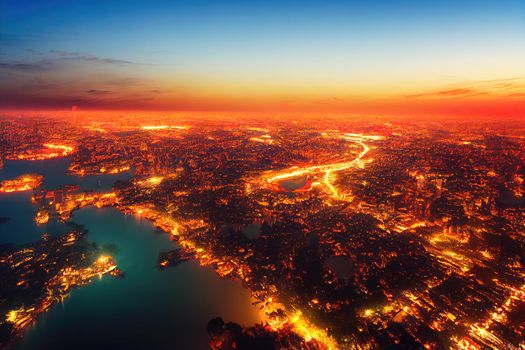 Aerial view of Hanoi skyline cityscape at twilight period Linh Dam lake south of Hanoi capital , style U1 1