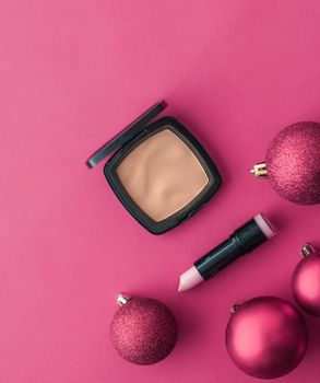 Cosmetic branding, fashion blog cover and girly glamour concept - Make-up and cosmetics product set for beauty brand Christmas sale promotion, luxury pink flatlay background as holiday design