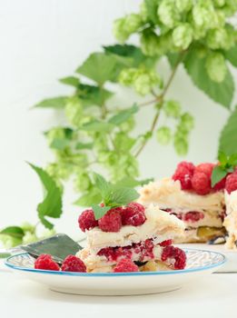 Round meringue pie with fresh raspberries on a white background, Pavlova dessert