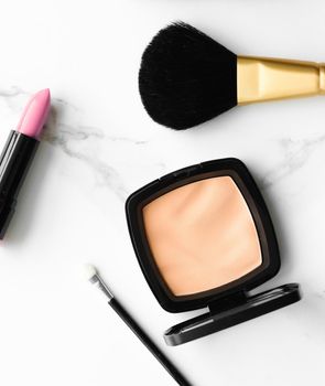 Make-up and cosmetics products on marble, flatlay background - modern feminine lifestyle, beauty blog and fashion inspiration concept