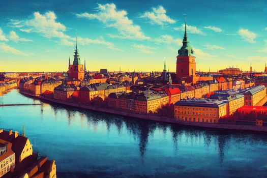 anime style, Stockholm old town Gamla Stan cityscape from City Hall top Sweden. 2d illustration