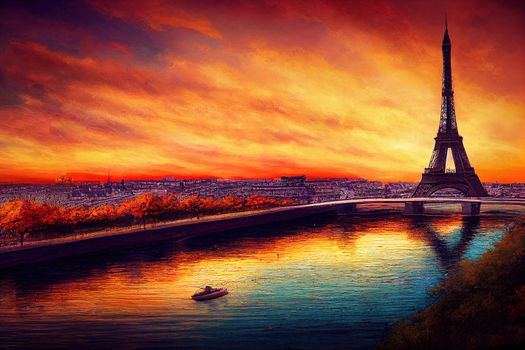 Sunset view of Eiffel tower and Seine river in Paris France Autumn Paris , style U1 1