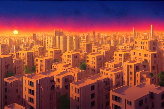 Beautiful view with many apartment buildings at sunset in Amman Jordan , style U1 1
