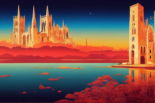 Cartoon drawing Landscape with Cathedral La Seu at sunset time in Palma de Mallorca islands Spain , style U1 1