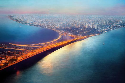 View of Mumbai showing the Bandra Worli Sea Link in the centre passing over the Mahim Bay with the city around it Dadar Prabhadevi Lower Parel Worli Matunga Mahim and Bandra can be seen , U1 1