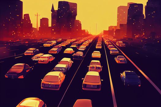 cartoon drawing Car traffic pollution traffic jam in the morning and evening in the capital city of Bucharest Romania , style U1 1
