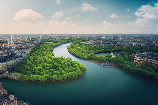 Top view of London the Capital city from space London map Aerial view of Hyde Park Buckingham Palace Kensington Gardens River Thames grids Elements of this image furnished by NASA , U1 1