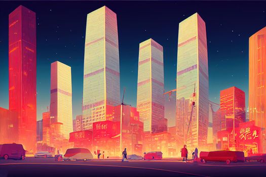 Cartoon drawing Capital city of Taiwan with view of prominent Taipei Tower and busy street in Xinyi Financial District , style U1 1