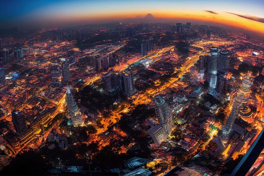 Cartoon drawing Cartoon drawing Kuala Lumpur Malaysia June Aerial view Panorama photo of the Kuala Lumpur City of Malaysia Sunrise photo , style U1 1
