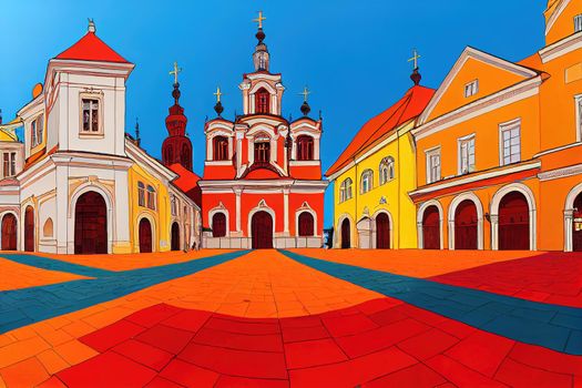 Cartoon style Vilnius Lithuania October Gediminas Avenue the main street of Vilnius Cathedral Square with Cathedral Basilica of St Stanislaus and St Ladislaus and befry , style U1 1