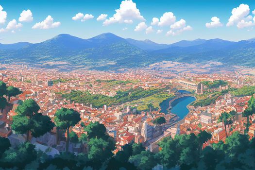 cartoon drawing Panoramic aerial view of Sarajevo in a beautiful summer day Bosnia and Herzegovina , style U1 1