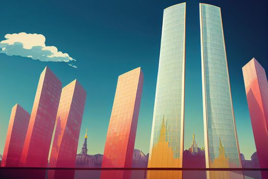 Cartoon style Moskvacity Bottom view of the skyscrapers in the center of the Russian capital Business center of Moscow Office rental Office real estate Highrise buildings against the blue sky , U1 1