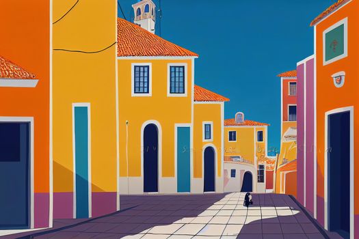 Cartoon style Palm clad street in the capital Faro Portugal with typical Portugese houses , style U1 1