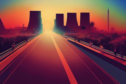 Cartoon drawing Wide road on the Sixth October bridge in Cairo , style U1 1