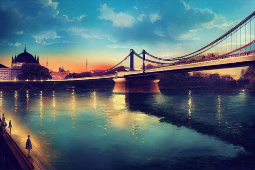 Cartoon drawing The Szechenyi Chain Bridge is a beautiful decorative suspension bridge that spans the River Danube of Budapest the capital of Hungary , style U1 1