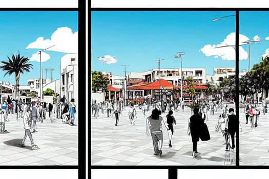 Cartoon drawing Nicosia Cyprus March People walking at the liberty square with the modern and f uturistic architecture in Nicosia the capital city of Cyprus , style U1 1