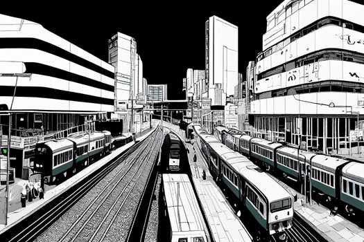 Cartoon drawing Aerial view of cars and trains with intersection or junction with traffic Taipei Downtown Taiwan Financial district and business area Smart urban city technology , style U1 1