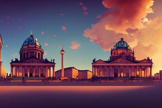 Panoramic view of famous Gendarmenmarkt square with Berlin Concert Hall and German Cathedral in golden evening light at sunset with blue sky and clouds in summer Berlin Mitte district Germany , U1 1