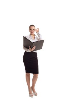 Sexy business woman stand with big ledger book and glasses isolated