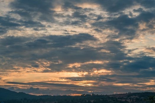 Atmosphere panorama Dramatic Sky Sunset Sunrise Dark orange rosy yellow blue pink cloud background.